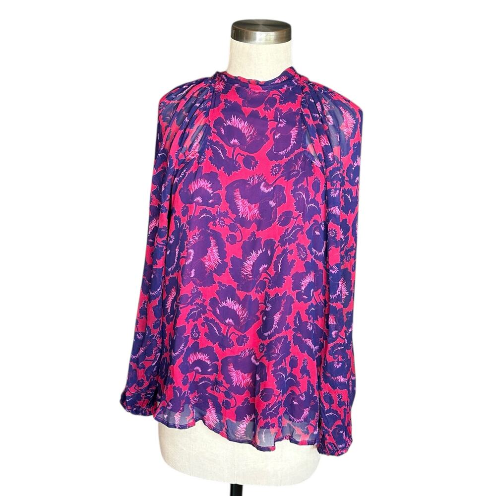 ANTHROPOLOGIE MAEVE Purple Pink Floral Back Tie Round Neck Blouse Women's Small